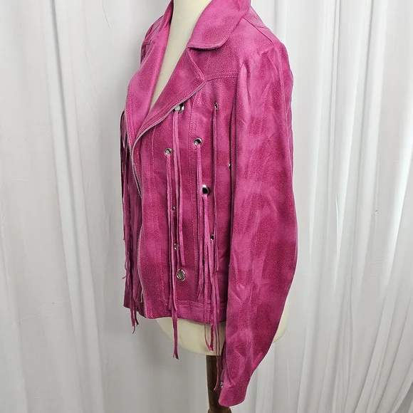 Lena Gabrielle Pink Fringe Moto Jacket – Size 12 - Picture 3 of 13